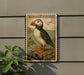 A framed illustration of a puffin bird, with the text "HORNED Puffin" on the top and "Puffin" on the bottom, is displayed on a wall.