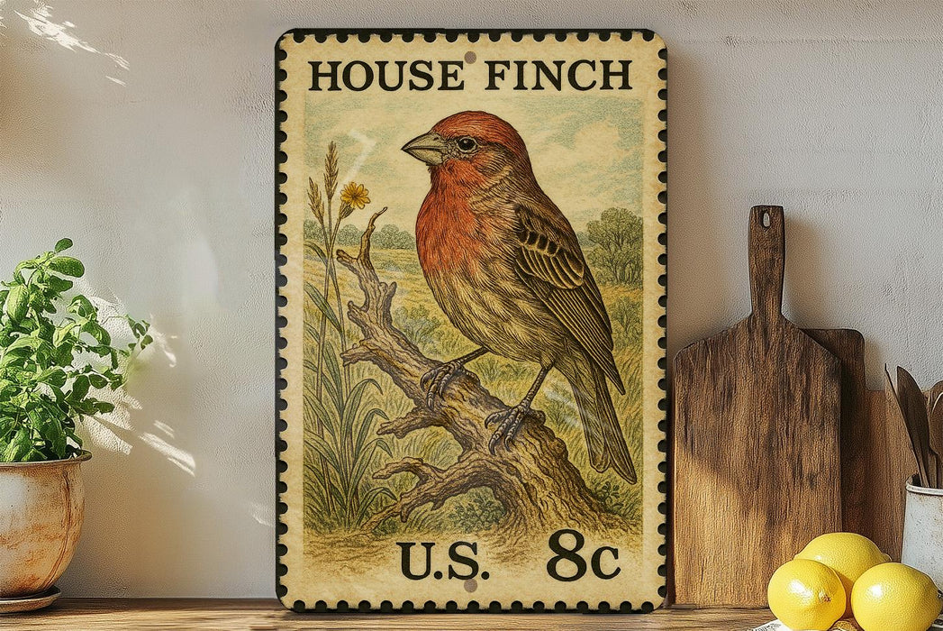 A framed illustration of a red bird, likely a finch, perched on a tree branch, with a U.S. 8¢ postage stamp in the background.