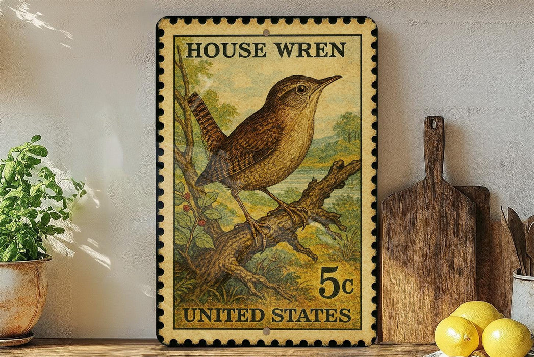 A vintage-style stamp depicting a house wren, with the text "HOUSE WREN" and "5c UNITED STATES" printed on it. The stamp is placed on a shelf next to a wooden cutting board and a potted plant.