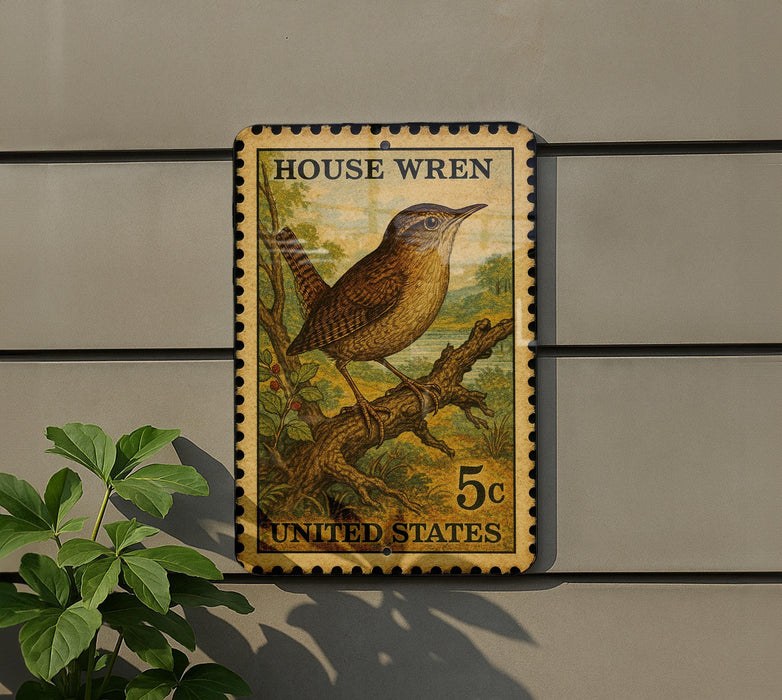 A vintage-style postage stamp featuring a brown bird perched on a branch, mounted on a wall.