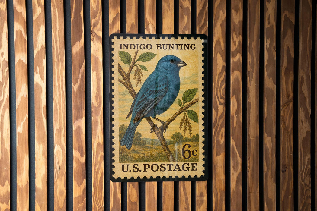 A vintage U.S. postage stamp featuring a blue bird perched on a branch, with the text "INDIGO BUNTING" and "U.S. POSTAGE" printed on it.