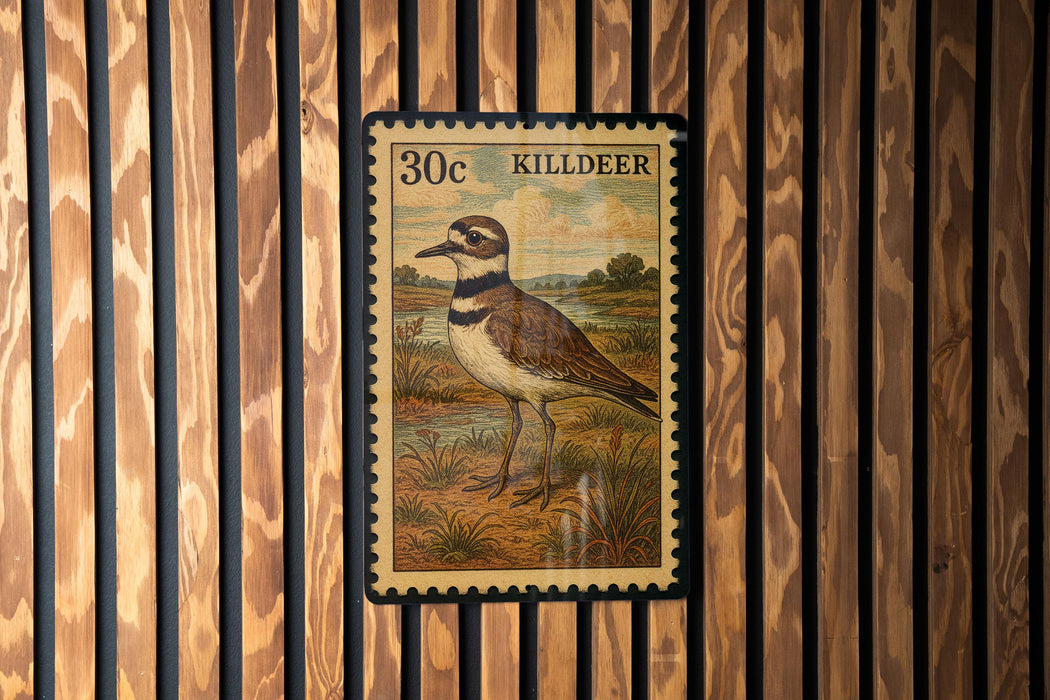 A postage stamp featuring a bird, specifically a killdeer, is displayed on a wooden wall.
