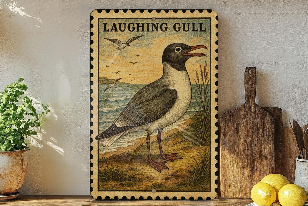a framed illustration of a laughing gull, a bird commonly found near coastal areas, standing on a beach with a backdrop of the ocean.
