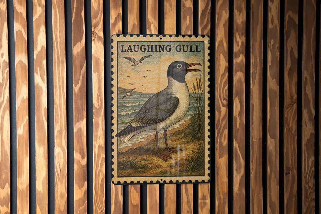 A metal sign with a bird illustration and the text "LAUGHING GULL" is displayed on a wooden wall.
