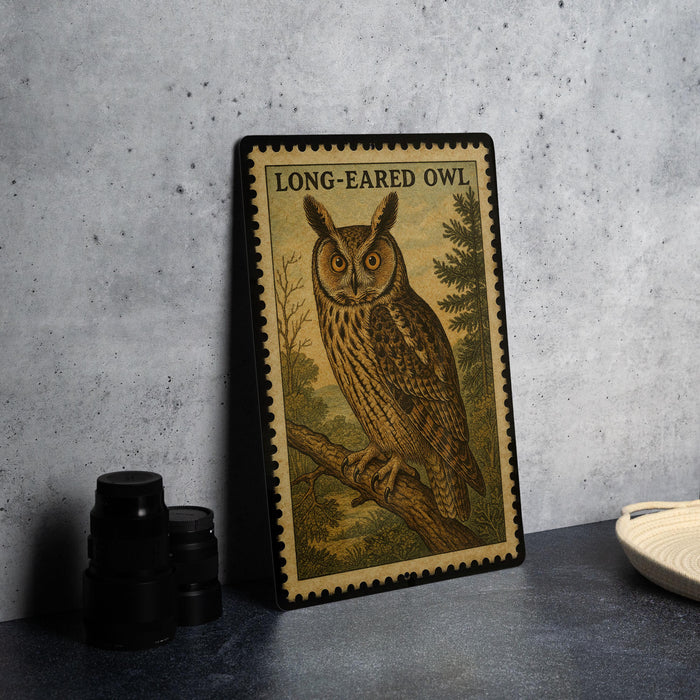 a framed illustration of a long-eared owl perched on a branch, with a text label above it that reads "LONG-EARED OWL".