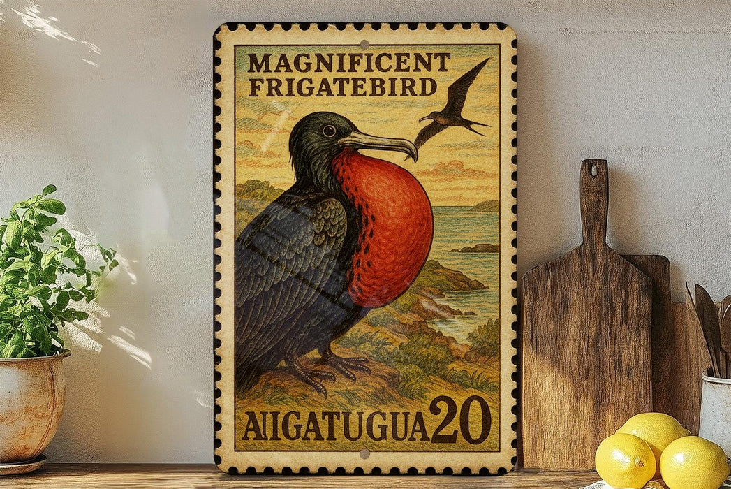 a large, colorful postage stamp depicting a magnificently frigatebird, with the text "MAGNIFICENT FRIGATEBIRD" and "AIGATUGUA 20" printed on it. The stamp is displayed on a shelf next to a wooden cutting board and a potted plant.