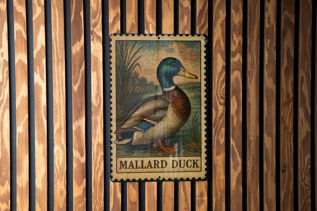 A metal sign featuring a detailed illustration of a Mallard duck is mounted on a wooden wall.
