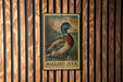 A metal sign featuring a detailed illustration of a Mallard duck is mounted on a wooden wall.