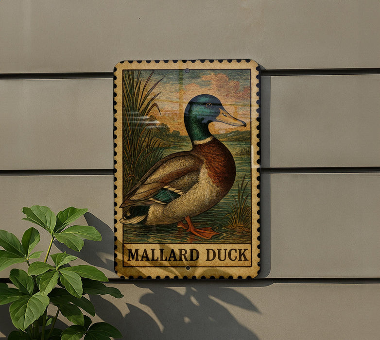 A metal sign featuring a detailed illustration of a Mallard duck, with the text "MALLARD DUCK" below the image.