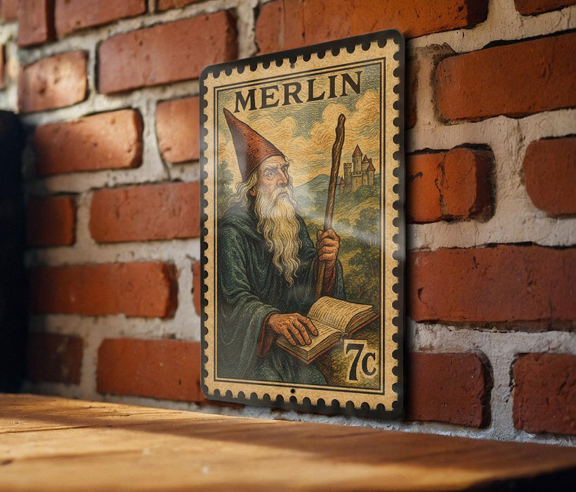 A vintage-style postage stamp featuring a bearded wizard holding a book, mounted on a brick wall.