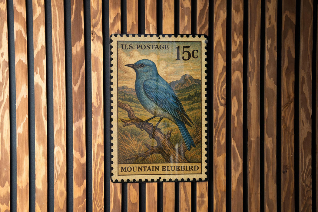 A U.S. postage stamp featuring a blue bird, specifically a mountain bluebird, perched on a branch.