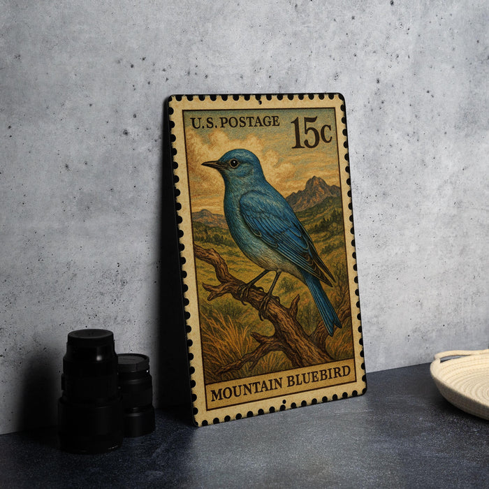 A U.S. postage stamp featuring a blue bird, specifically a mountain bluebird, perched on a branch.