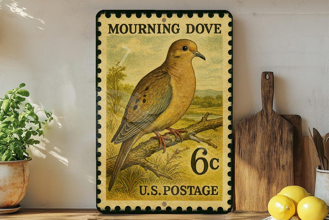A vintage postage stamp featuring a mourning dove perched on a branch, with the text "MOURNING DOVE" and "U.S. POSTAGE" printed on it. The stamp is displayed on a shelf next to a wooden cutting board and a potted plant.