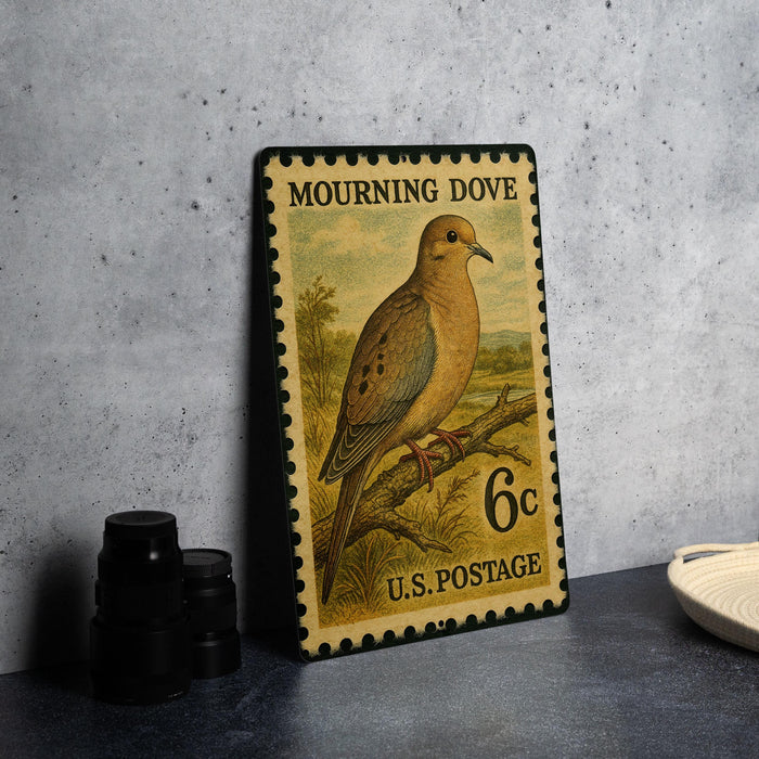 A metal postage stamp featuring a mourning dove, with the text "MOURNING DOVE" and "6c" printed on it.