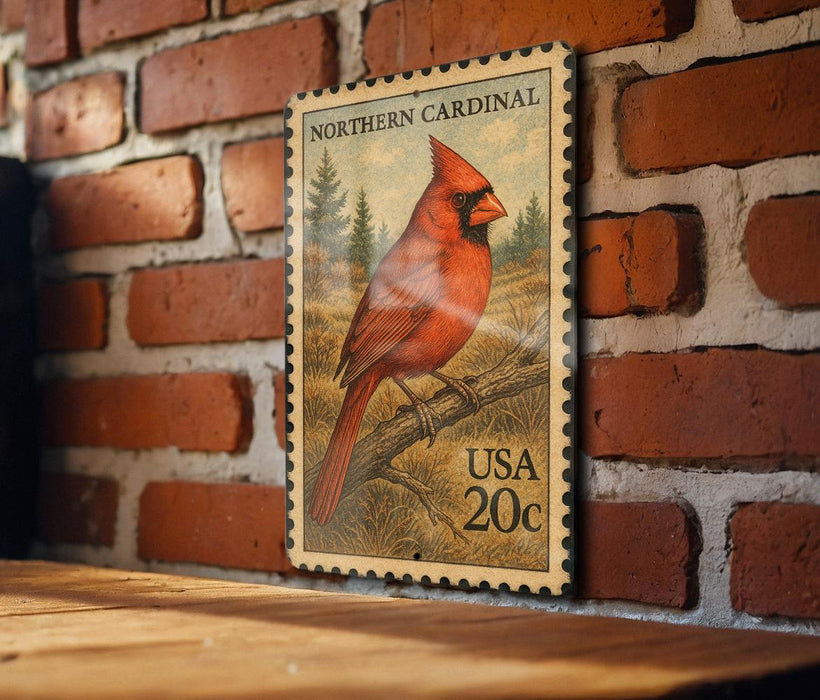 A framed image of a red cardinal perched on a branch, mounted on a brick wall.