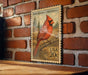 A framed image of a red cardinal perched on a branch, mounted on a brick wall.