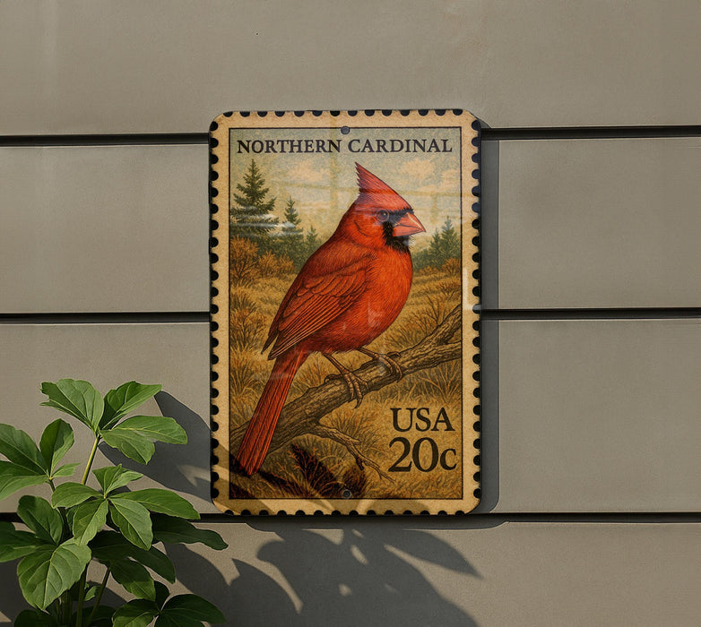 A postage stamp featuring a red cardinal perched on a branch, with a pine tree in the background.