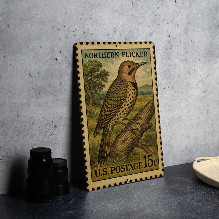 A vintage postage stamp featuring a woodpecker is displayed on a table, with a stack of black camera lenses and a white dish visible in the background.