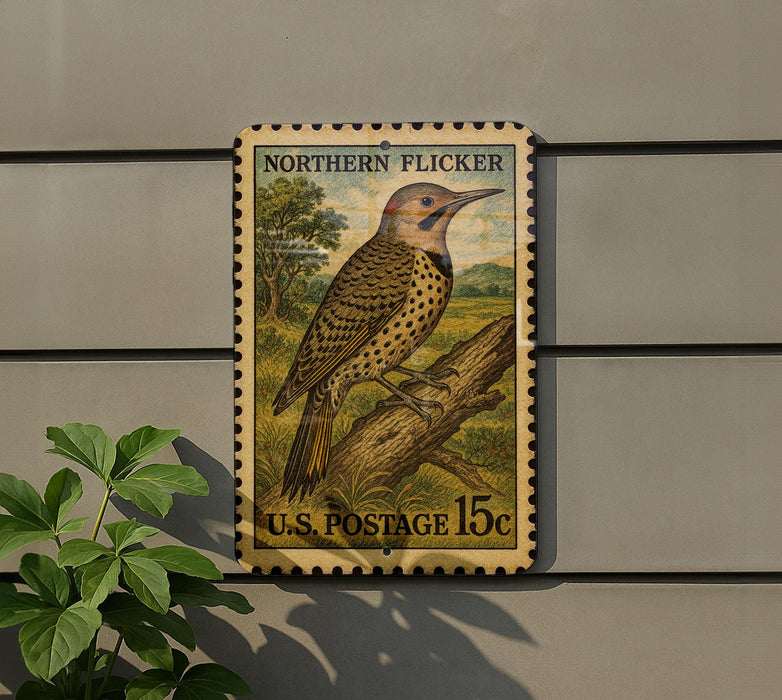 A postage stamp featuring a Northern Flicker bird perched on a branch, mounted on a wall.