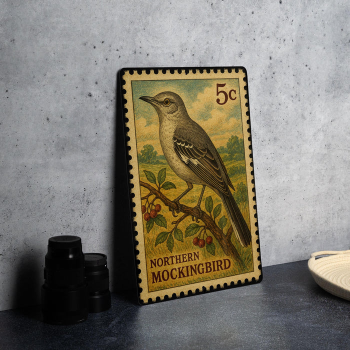 A vintage postage stamp featuring a Northern Mockingbird, with a 5c denomination, is displayed on a table.