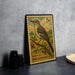 A vintage postage stamp featuring a Northern Mockingbird, with a 5c denomination, is displayed on a table.