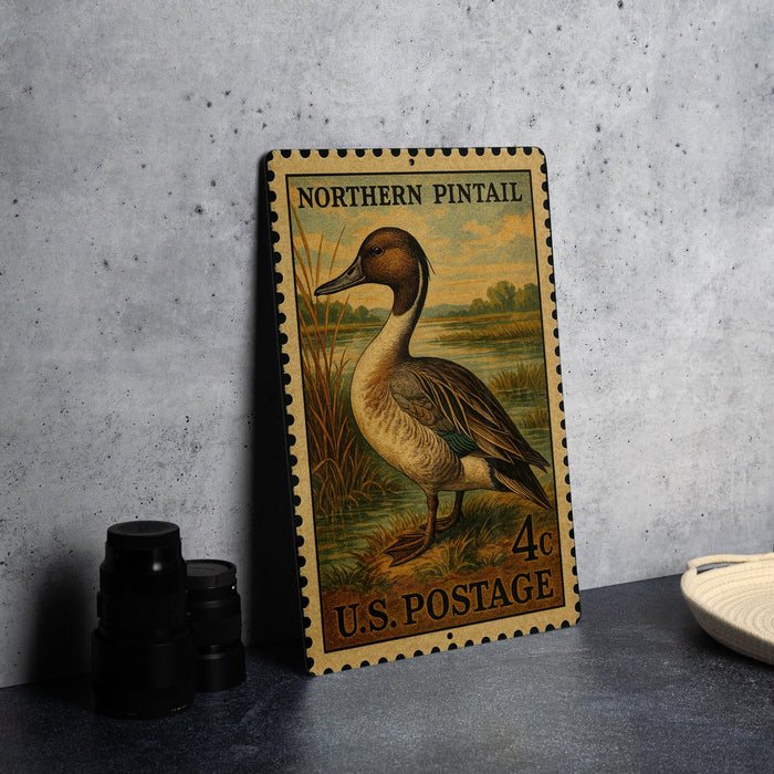 A vintage postage stamp featuring a duck, placed on a gray surface next to some black camera lenses.