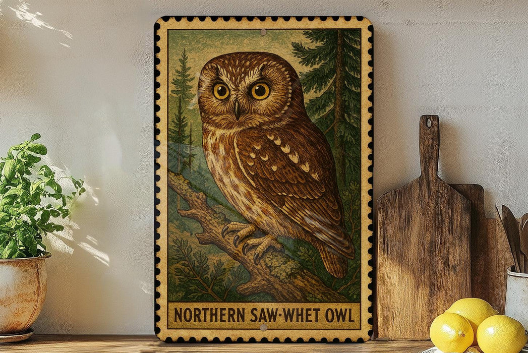 A framed illustration of a Northern Saw-wheat Owl is displayed on a shelf, accompanied by a wooden cutting board, a potted plant, and some lemons.