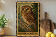 A framed illustration of a Northern Saw-wheat Owl is displayed on a shelf, accompanied by a wooden cutting board, a potted plant, and some lemons.