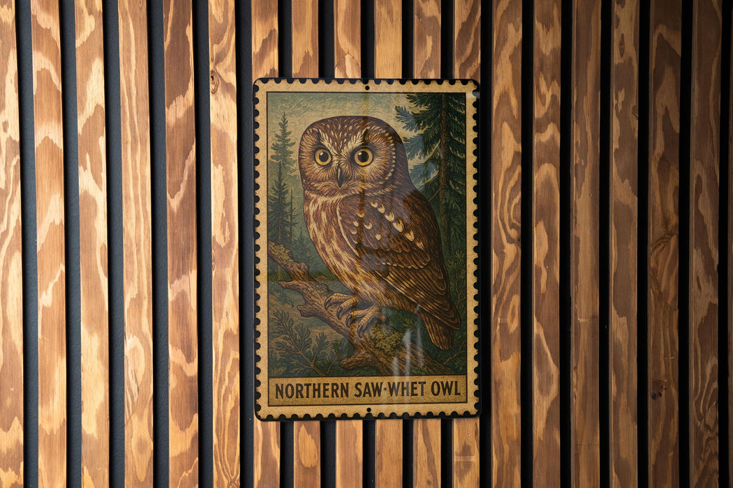 Northern Saw-Whet Owl Vintage Stamp Style Metal Sign, Owl Wall Decor, Bird Lover Gift, Woodland Wildlife Cabin Sign