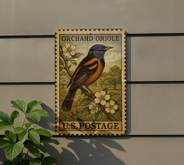 Orchard Oriole Vintage Stamp Style Metal Sign, Bird Wall Decor, Songbird Nature Decor, Backyard Bird Lover Gift