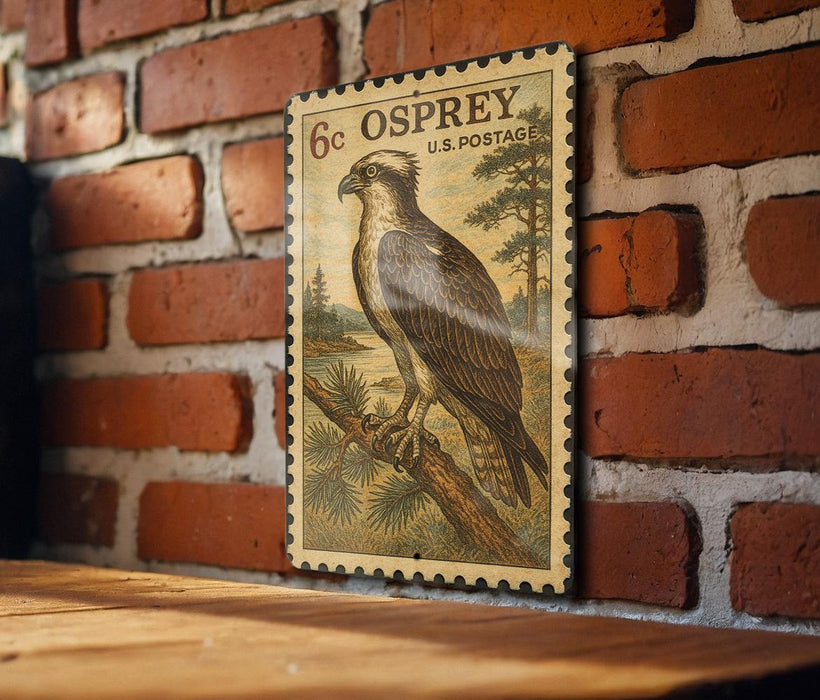A vintage postage stamp featuring an illustration of an Osprey, a large bird of prey, is displayed on a brick wall.