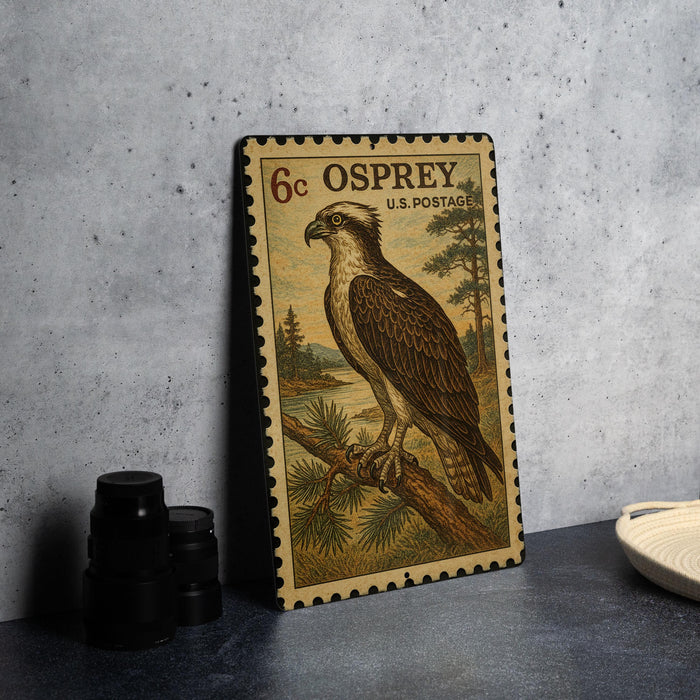 A framed postage stamp featuring an illustration of an Osprey, a large bird of prey, perched on a branch.