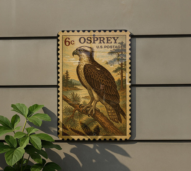 A postage stamp featuring an illustration of an Osprey, a large bird of prey, perched on a branch.