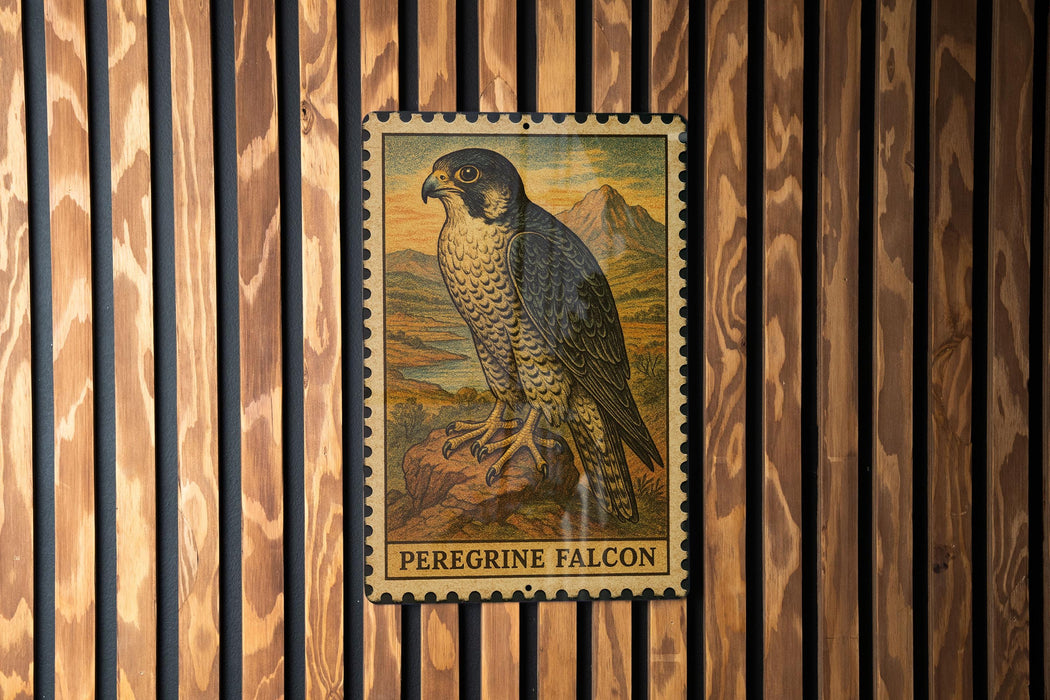 A postage stamp featuring a peregrine falcon is displayed on a wooden wall.