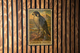 A postage stamp featuring a peregrine falcon is displayed on a wooden wall.