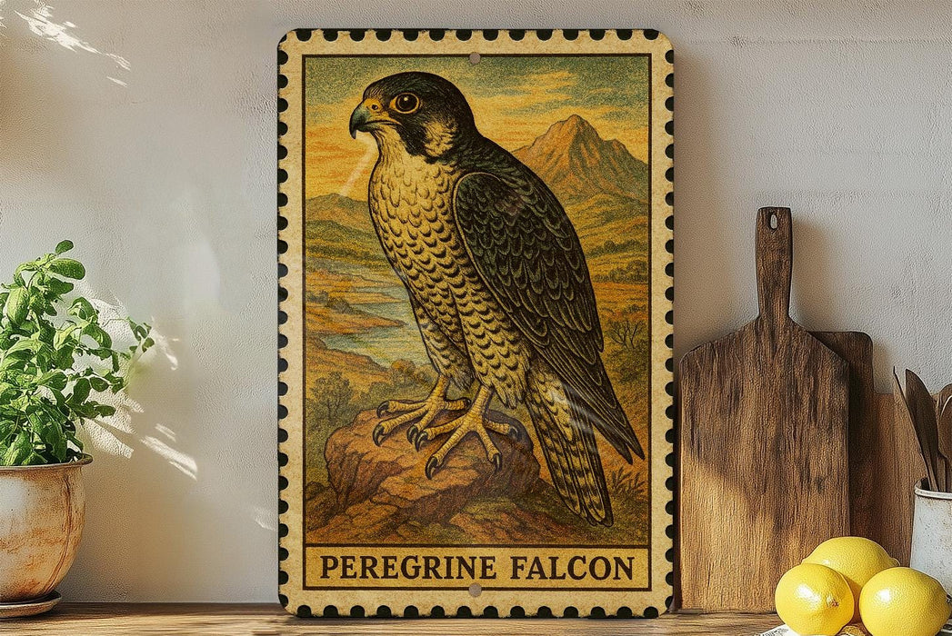 A framed illustration of a peregrine falcon is displayed on a shelf, surrounded by kitchen utensils and a potted plant.