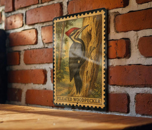 A framed illustration of a woodpecker is mounted on a brick wall, with a wooden table below it.