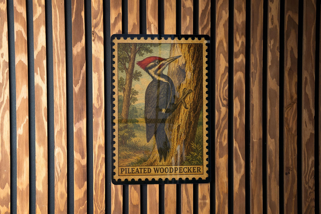 A postage stamp featuring a woodpecker is displayed on a wooden wall.