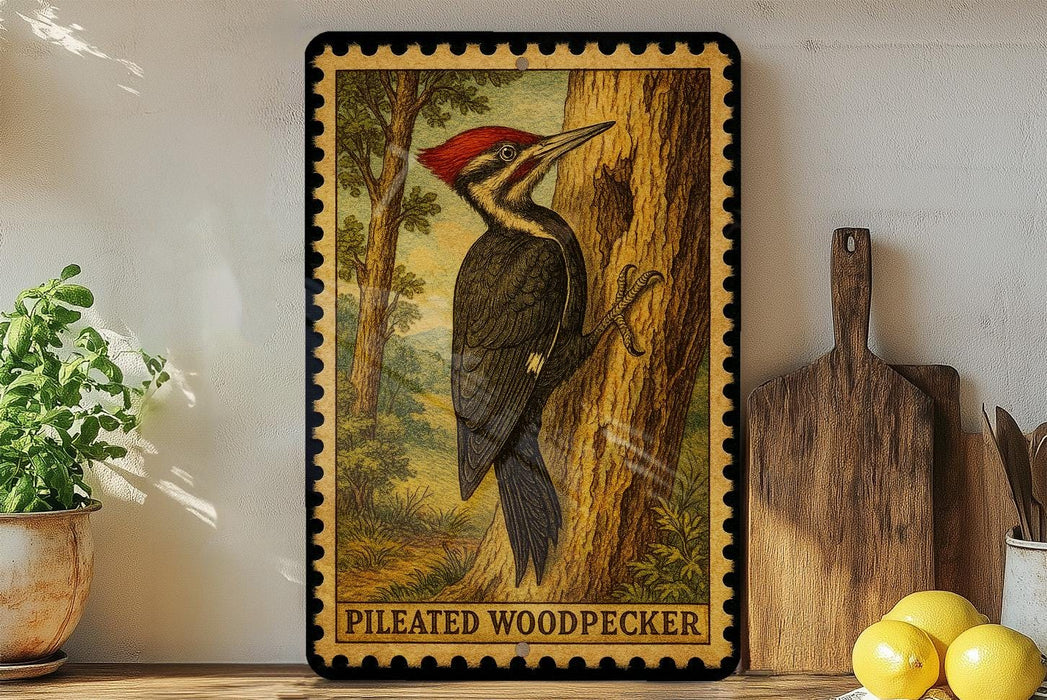 A framed illustration of a woodpecker is displayed on a shelf, surrounded by kitchen utensils and a potted plant.