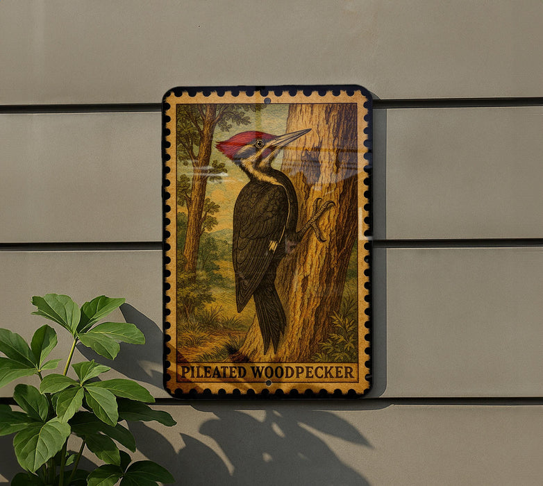 A framed illustration of a woodpecker is mounted on a wall, with a plant to the left of the frame.