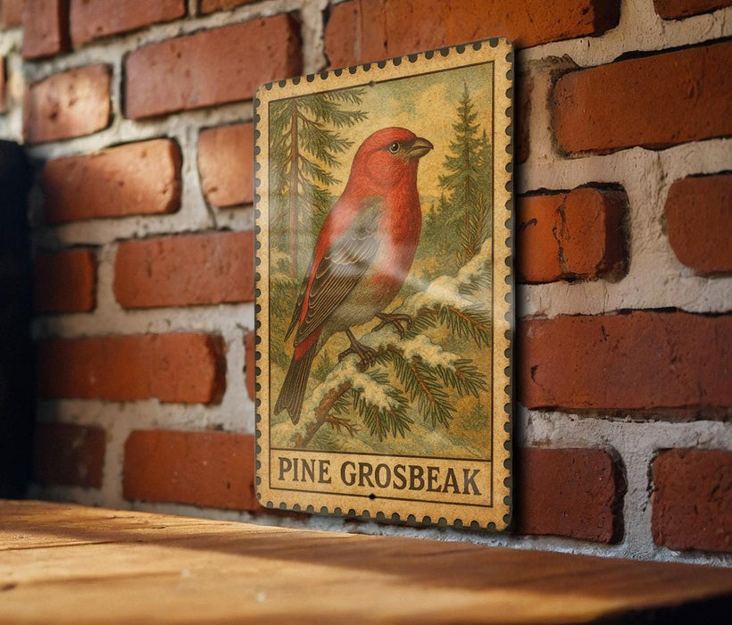 A wooden frame with a framed illustration of a red bird, likely a pine grosbeak, on a brick wall.