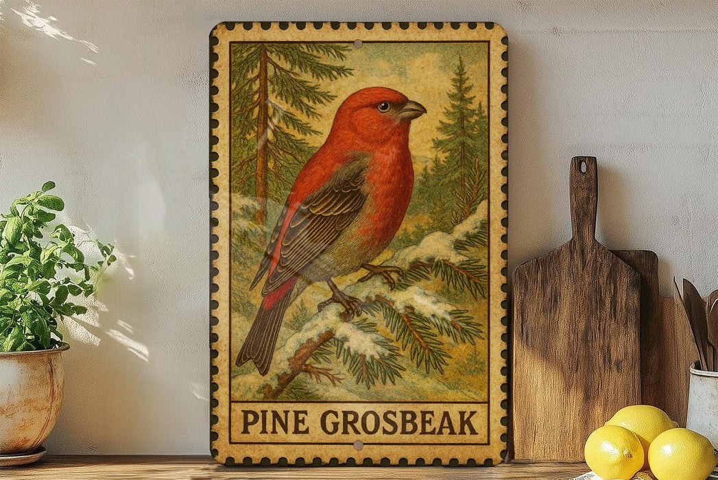 A framed illustration of a red bird, possibly a pine grouse, perched on a branch with pine trees in the background.