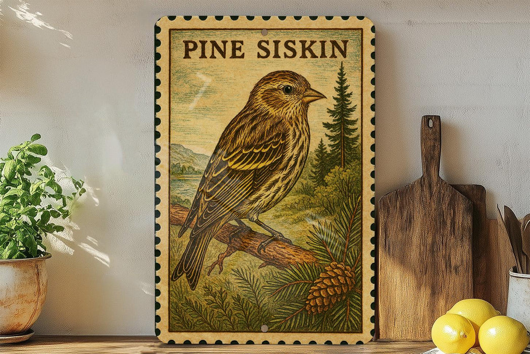 a wooden frame with a painting of a bird perched on a branch, surrounded by pine cones and pine trees, with the text "PINE SISKIN" above the bird.