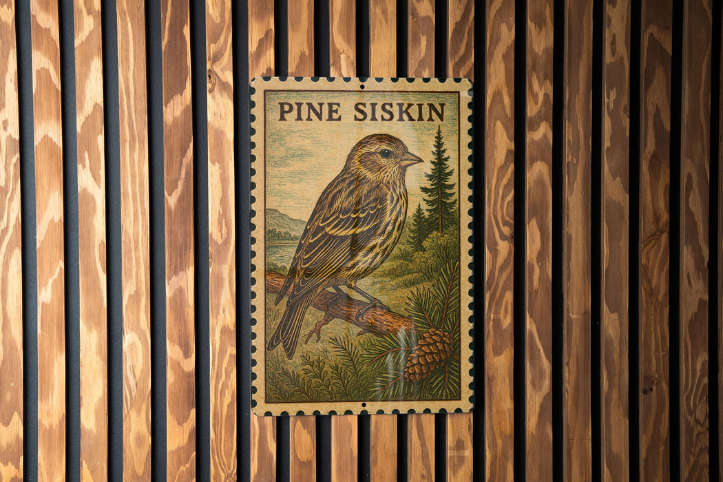 A postage stamp featuring a bird perched on a pine tree, with the text "PINE SISKIN" prominently displayed.