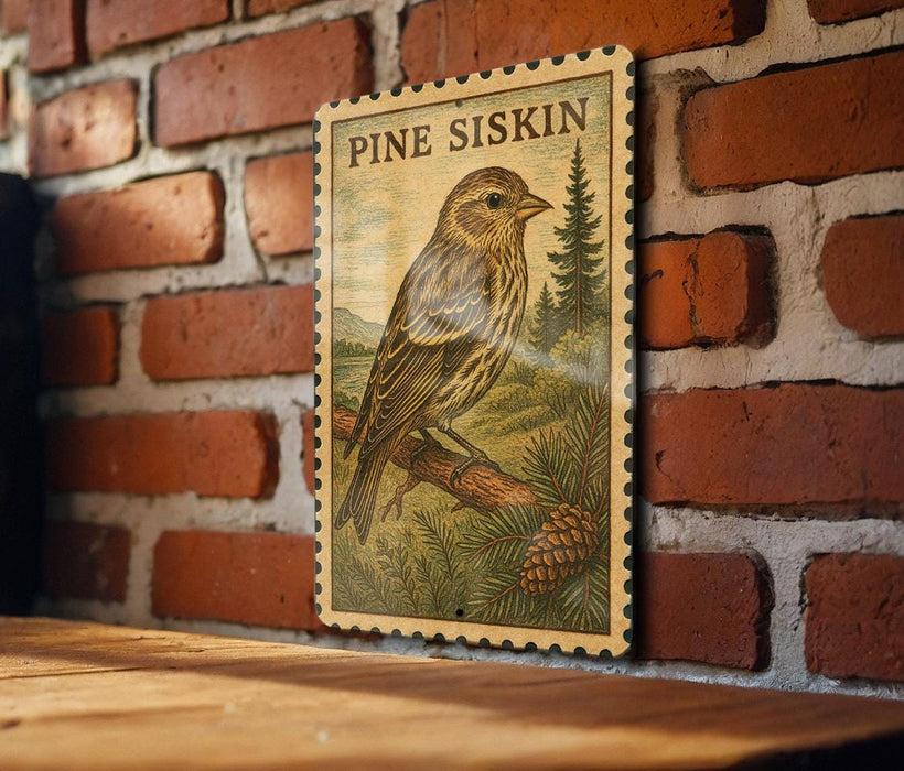 A framed illustration of a bird, likely a pine siskin, is displayed on a brick wall.