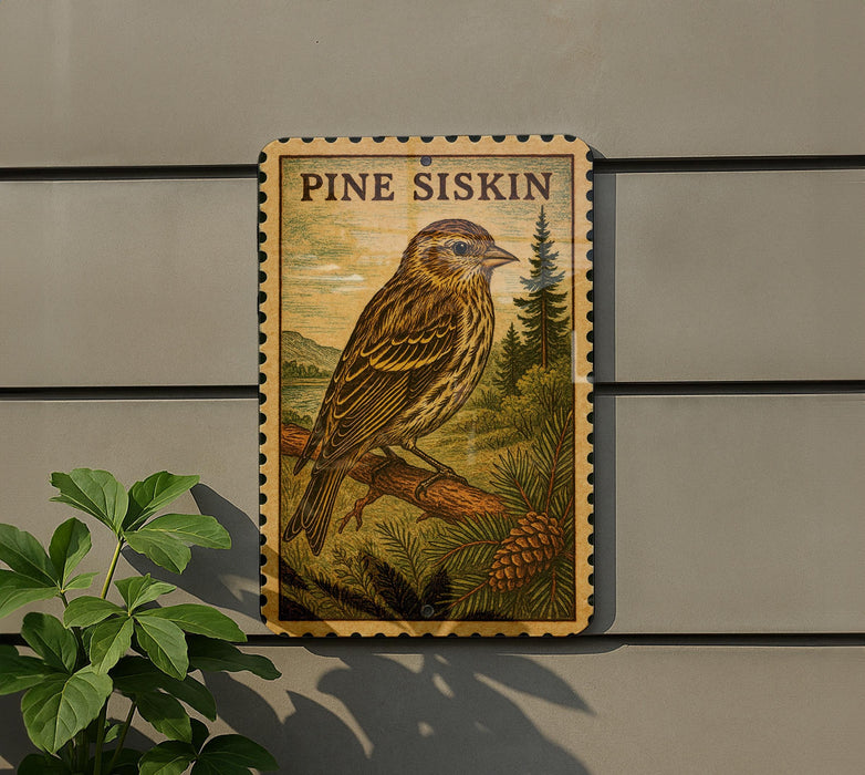 A wooden sign with a bird illustration is mounted on a wall, with a plant to the left of the sign.