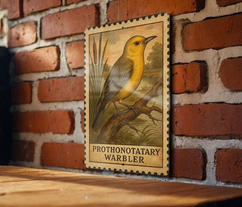 a wooden table with a framed illustration of a yellow bird perched on a branch, mounted on a brick wall.