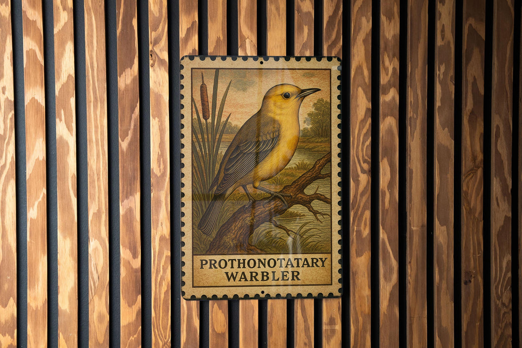 A postage stamp featuring a yellow bird perched on a branch, with the text "PRONONOTATARY WARBLER" printed on it.