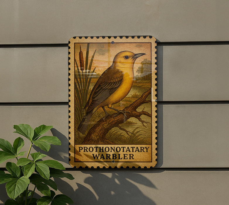 a bird, specifically a Prothonotary Warbler, perched on a branch.