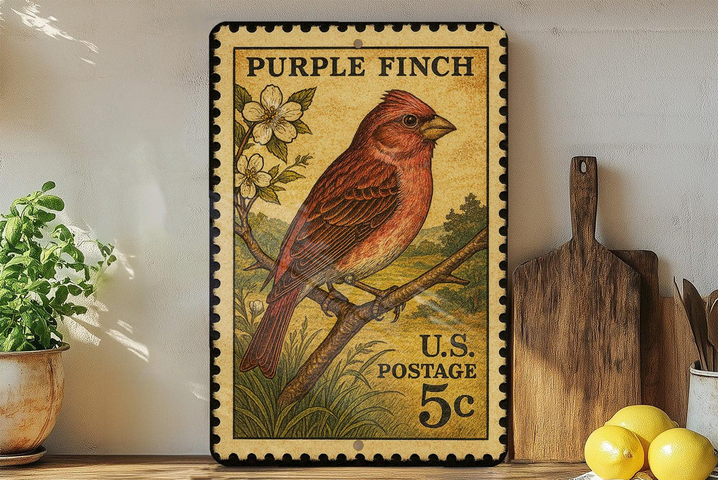 A vintage-style postage stamp featuring a red cardinal perched on a branch, with a potted plant and wooden cutting board in the background.